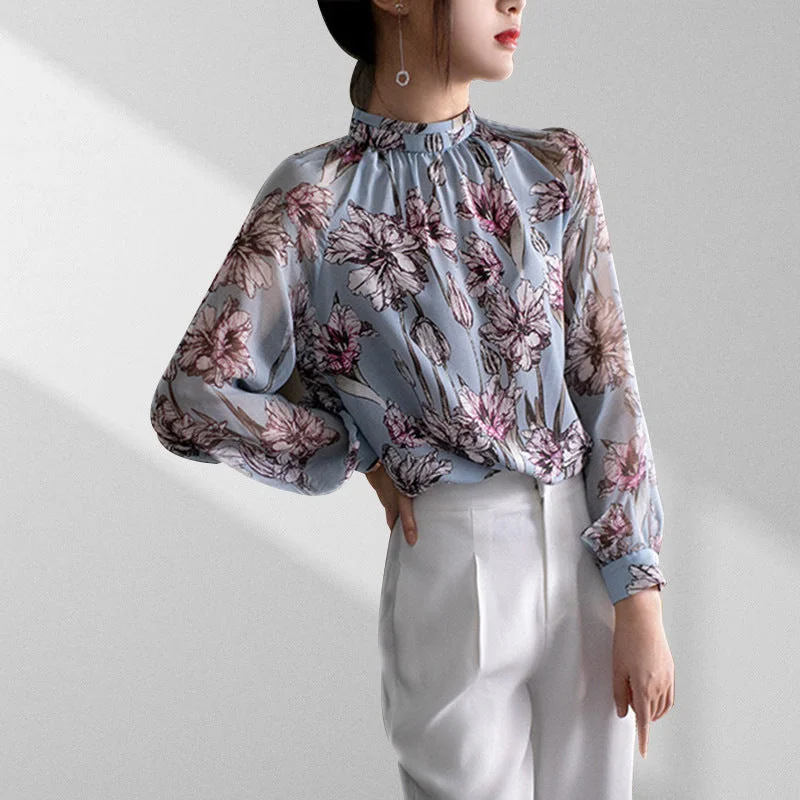 2019 fall women's luxury long sleeve 100% real silk printed shirt and blouses for female Bell Sleeve Blouse 2019 fall women's luxury long sleeve 100% real silk printed shirt and blouses for female Bell Sleeve Blouse