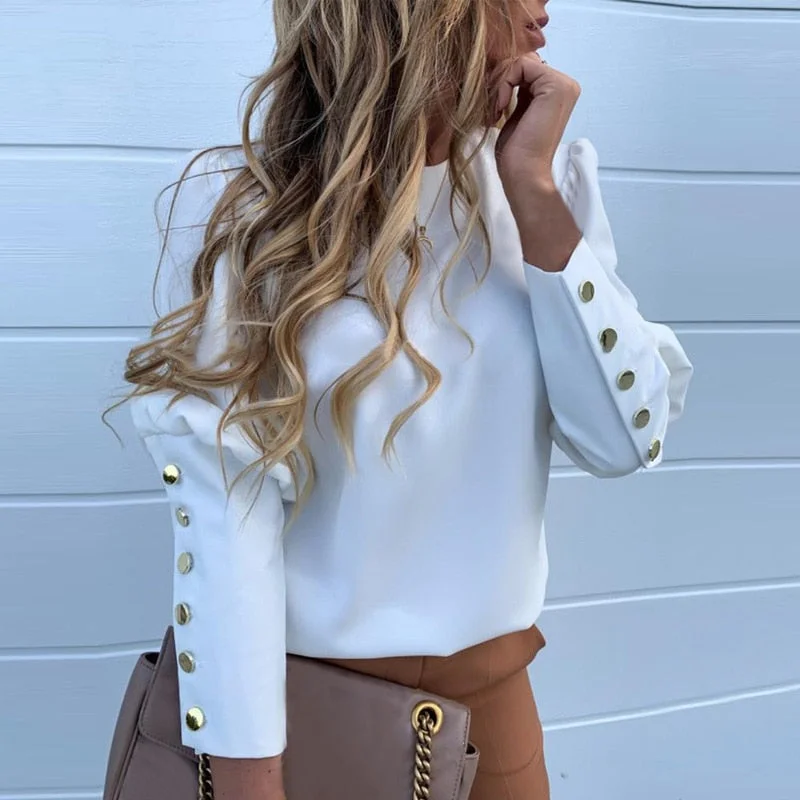 2019 new Solid Metal Buttoned Detail Blouses White Long Puff Sleeve Blouses women Pineapple print long sleeve Shirt tops High Neck Blouse 2019 new Solid Metal Buttoned Detail Blouses White Long Puff Sleeve Blouses women Pineapple print long sleeve Shirt tops High Neck Blouse