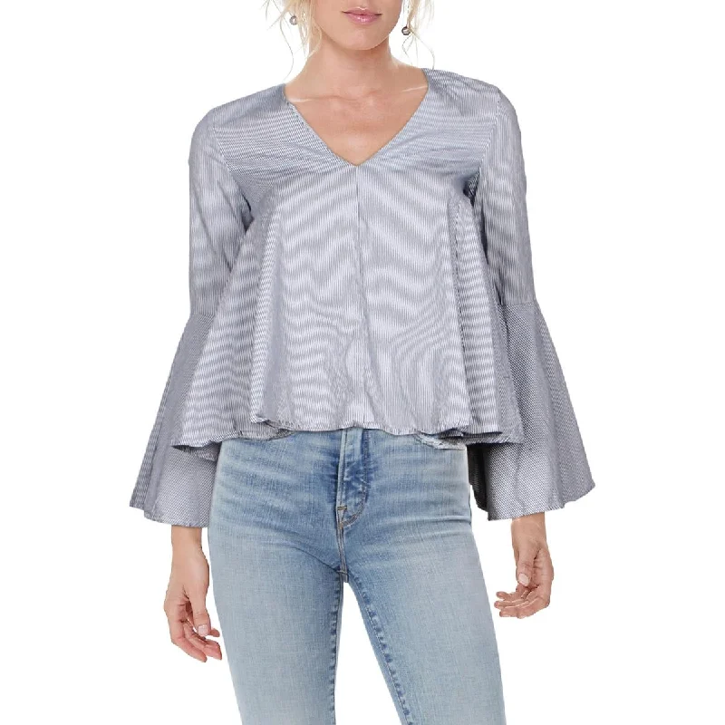 Aqua Womens Striped V-Neck Blouse Double Button Blouse