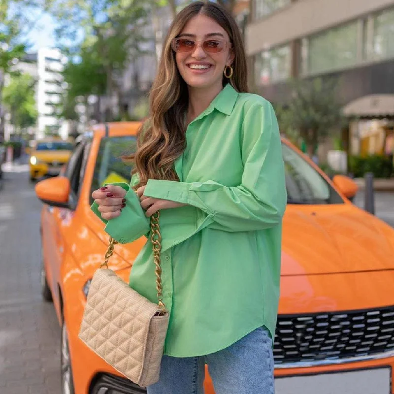 Asymmetric Long Sleeve Single Breasted V Neck Blouse - Green Business Casual Blouse