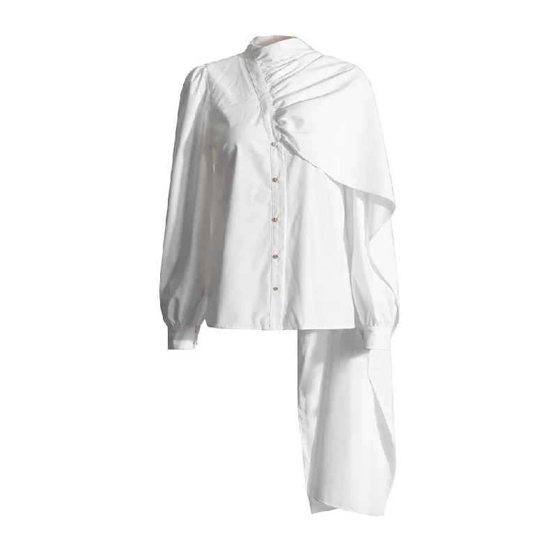 Asymmetrical Gathered Draped Mock Neck Button Up Long Sleeve Blouse Classic White Blouse