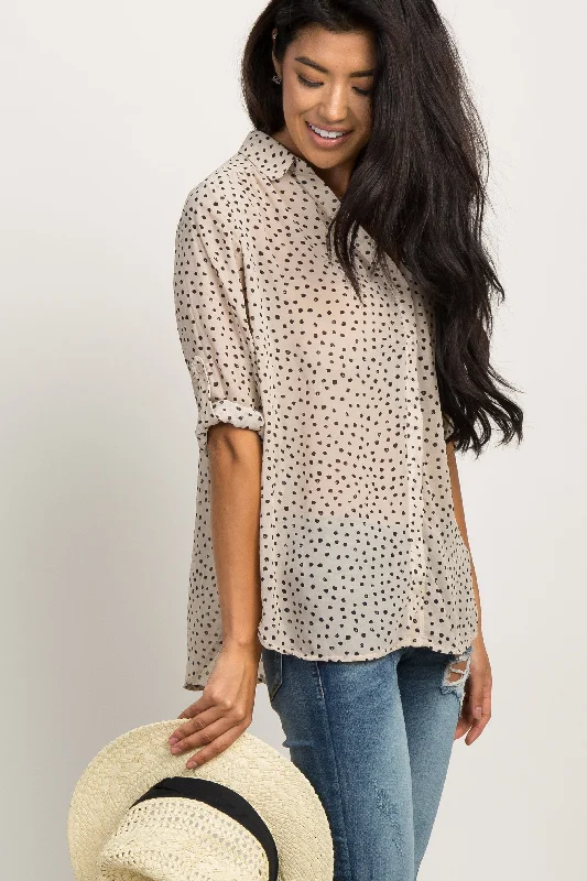 Beige Polka Dot Chiffon Blouse Office Formal Blouse