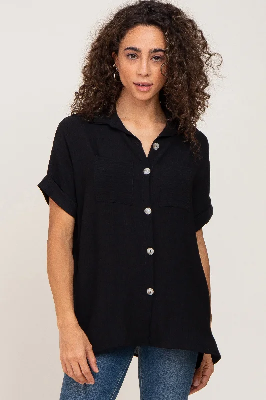 Black Collared Button-Down Short Sleeve Blouse Feminine Tie Blouse