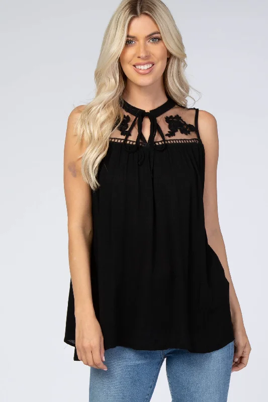 Black Lace Inset Sleeveless Blouse Satin Drape Blouse