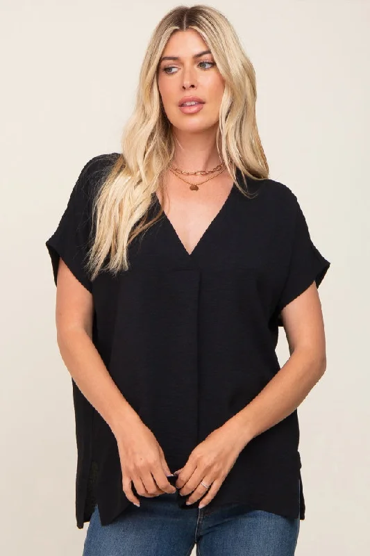 Black Oversized V-Neck Blouse Chic Square Blouse