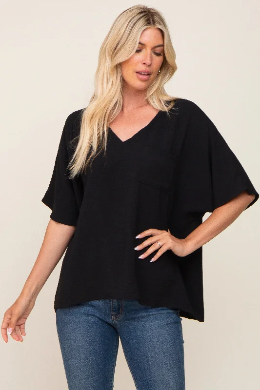 Black Oversized V-Neck Pocket Front Blouse Double-Layered Blouse