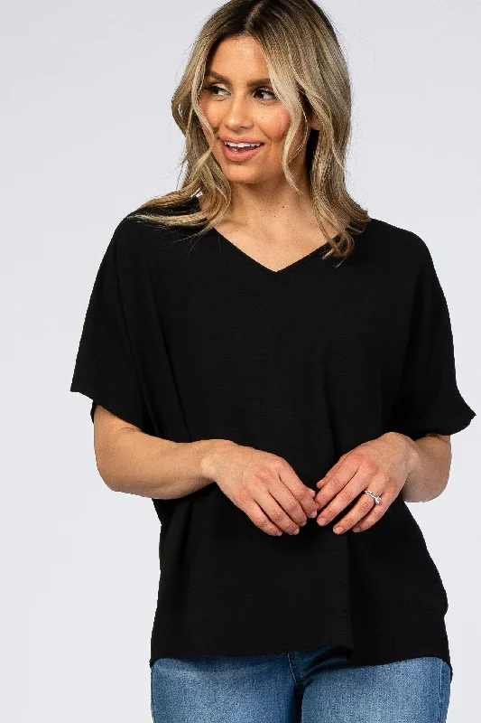 Black Short Sleeve Blouse Textured Cotton Blouse