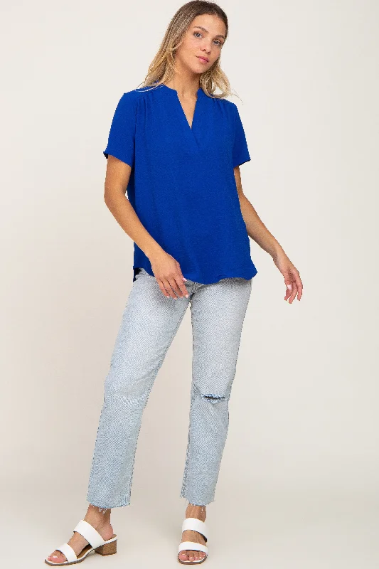 Blue Short Sleeve V-Neck Blouse Bell Sleeve Blouse