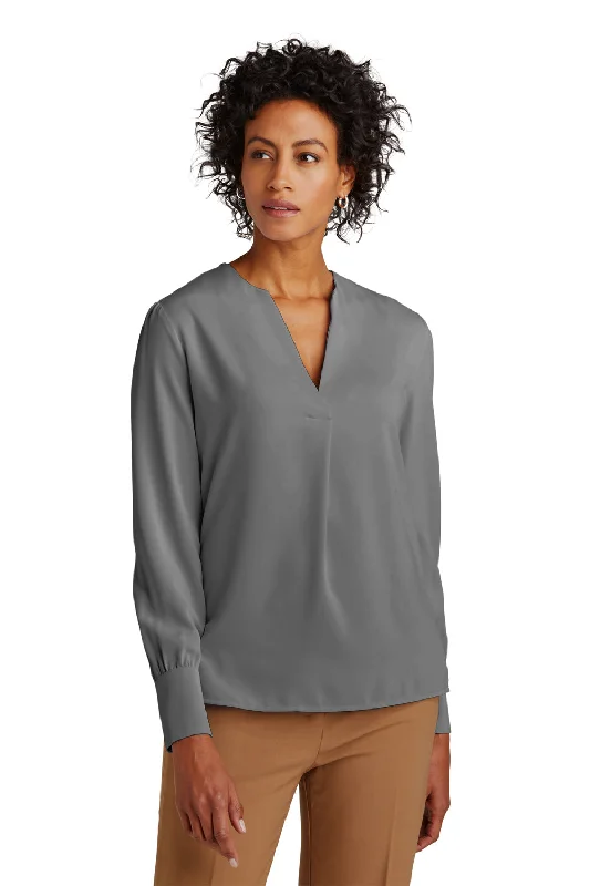 Brooks Brothers Womens Anti Static Open Neck Long Sleeve Blouse - Shadow Grey Feminine Tie Blouse