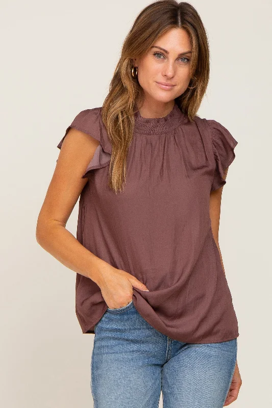 Brown Mock Neck Flutter Blouse Gathered Detail Blouse