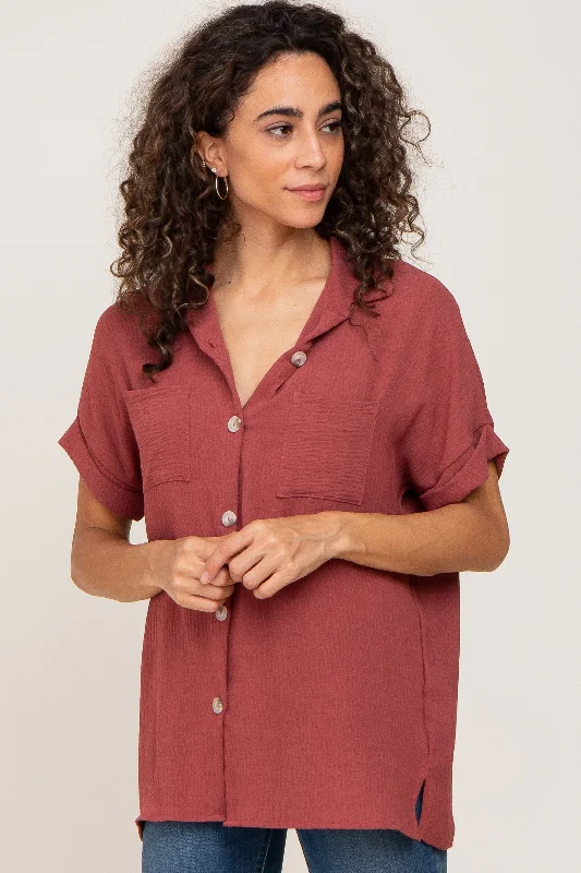 Burgundy Collared Button-Down Short Sleeve Blouse Peter Pan Blouse