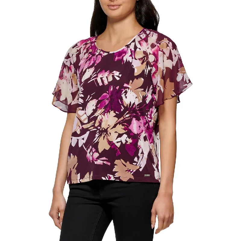 Calvin Klein Womens Chiffon Printed Blouse Embroidered Floral Blouse