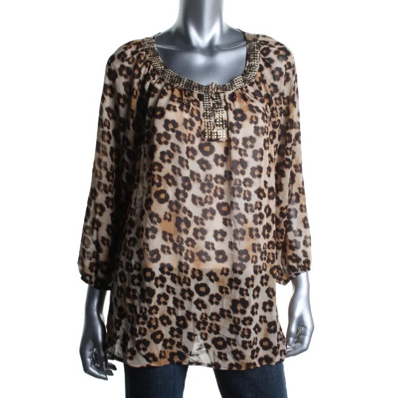 Charter Club Womens Animal Print 3/4 Sleeves Blouse Short Sleeve Blouse