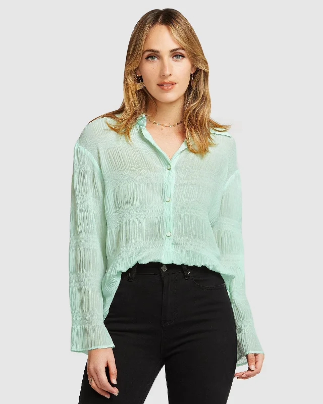 Yoko Shirred Chiffon Blouse - Mint FINAL SALE Side Tie Blouse