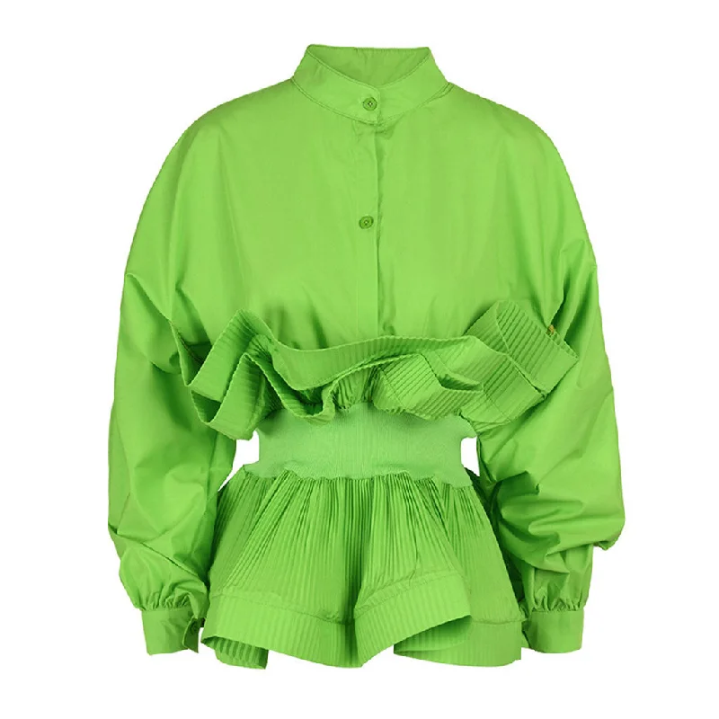 Classy Stand Collar Long Sleeve Button Down Ruffled Peplum Blouse Peter Pan Collar Blouse