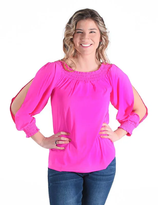 Cowgirl Tuff Womens Cooling UPF Flowy Hot Pink Nylon L/S Blouse Romantic Lace Blouse