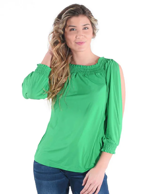 Cowgirl Tuff Womens Cooling UPF Off Shoulder Money Green Nylon L/S Blouse Collared Satin Blouse