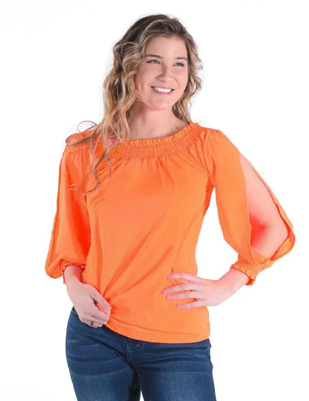 Cowgirl Tuff Womens Cooling UPF Off Shoulder Tangerine Nylon L/S Blouse Loose Oversized Blouse