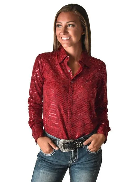 Cowgirl Tuff Womens Metallic Snakeskin Bling Red Poly/Spandex L/S Blouse Cotton Casual Blouse