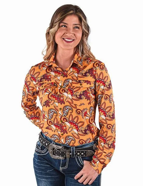 Cowgirl Tuff Womens Paisley Button Up Gold Poly/Spandex L/S Blouse Vintage Polka Blouse