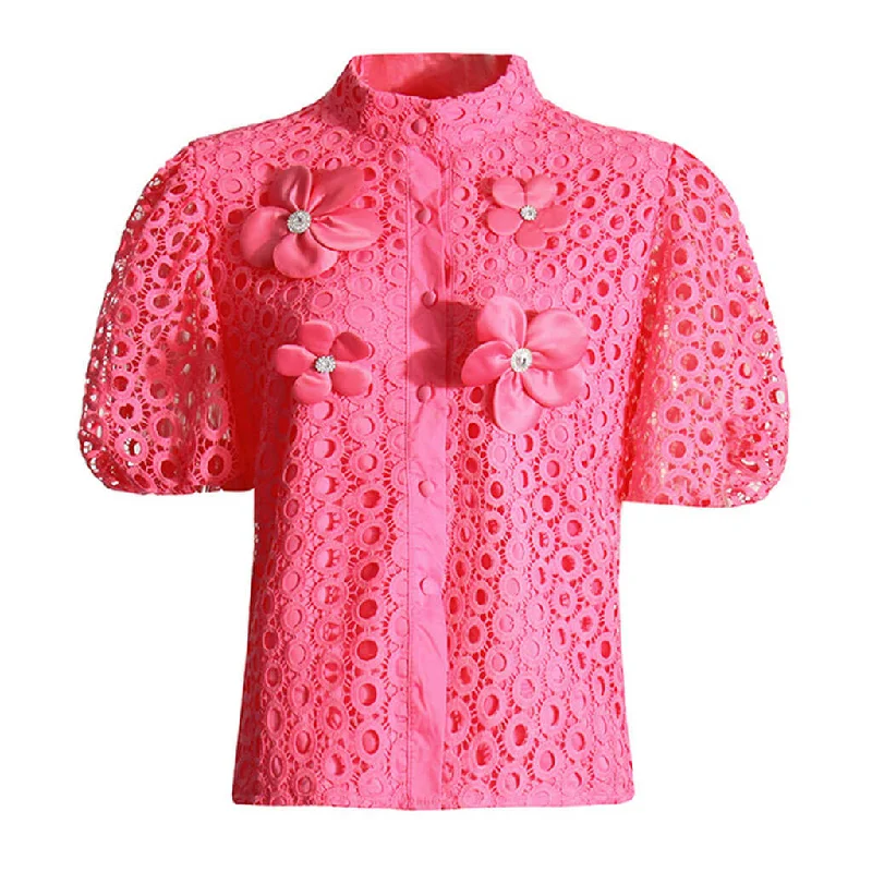 Cute Rosette Stand Collar Puff Sleeve Button Down Guipure Lace Cutwork Blouse Lightweight Chiffon Blouse