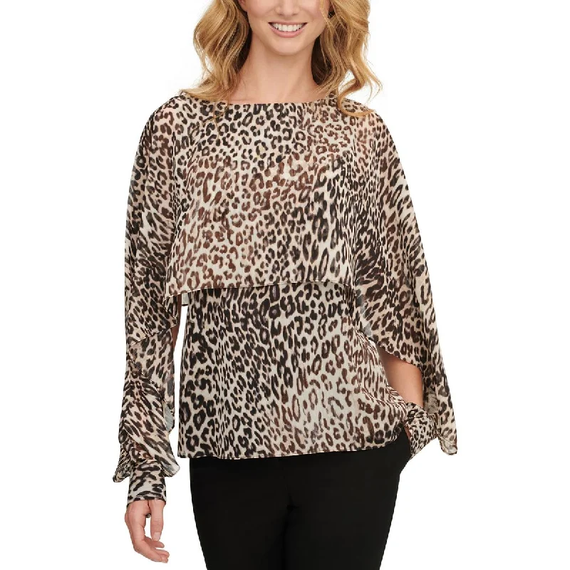 DKNY Womens Petites Metallic Animal Print Blouse Airy Cotton Blouse