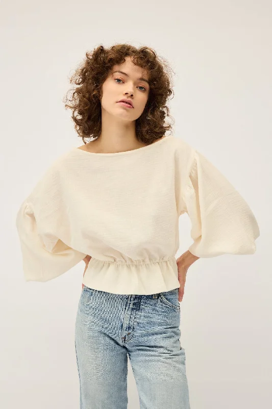 Dominique Healy - Anna Frill Blouse, Cream Muslin Boho Printed Blouse