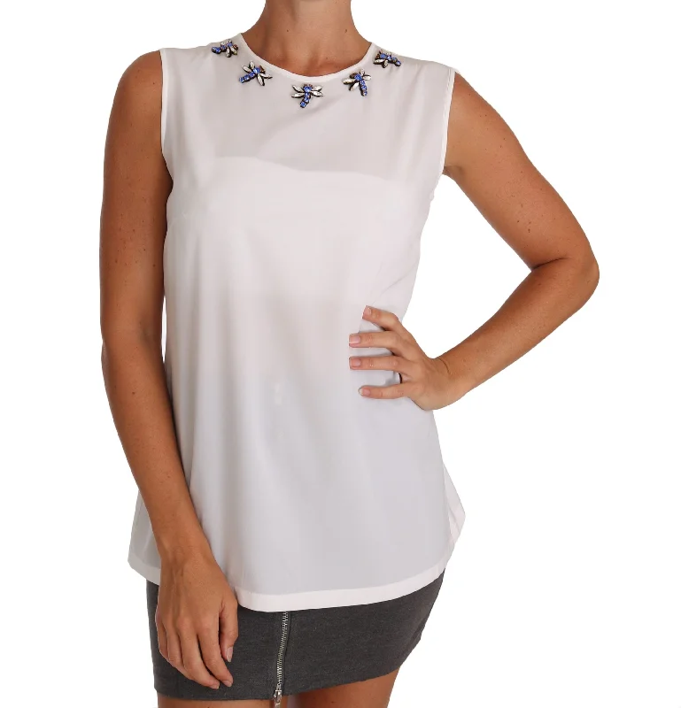 Elegant Embellished Sleeveless Silk Blouse Subtle Shimmer Blouse