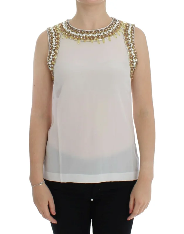 Elegant Sleeveless Silk Blouse with Crystal Embellishment Balloon Sleeve Blouse