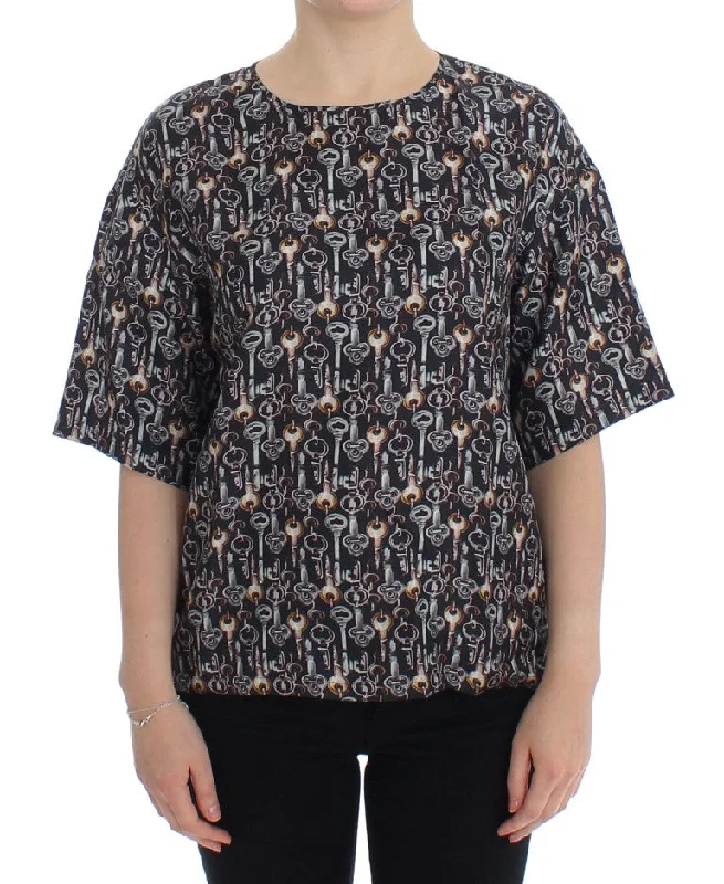 Enchanted Sicily Silk Blouse with Key Print Stretchy Fitted Blouse