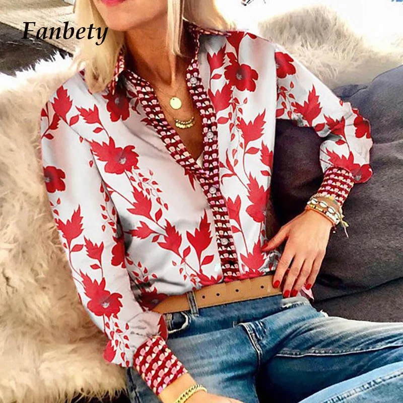 Fanbety Office Lady Notched Collar floral print blouse Shirts Women Boho Slim Fit Shirt tops Elegant Autumn Button Blouses Femme Versatile Layering Blouse