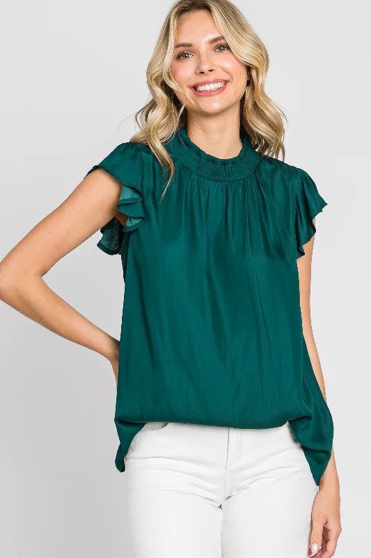 Forest Green Mock Neck Flutter Blouse Silky Draped Blouse