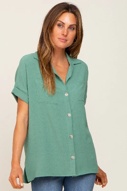 Green Collared Button-Down Short Sleeve Blouse Sheer Sleeve Blouse