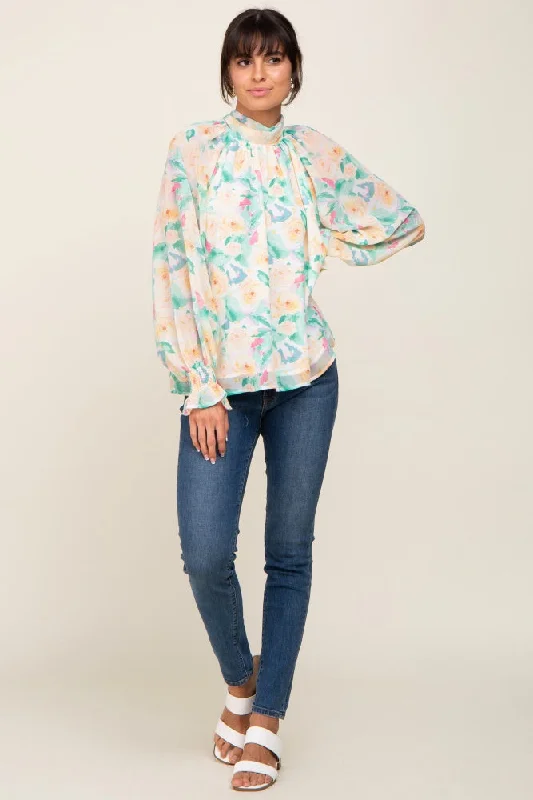 Green Floral Mock Neck Blouse Satin Drape Blouse