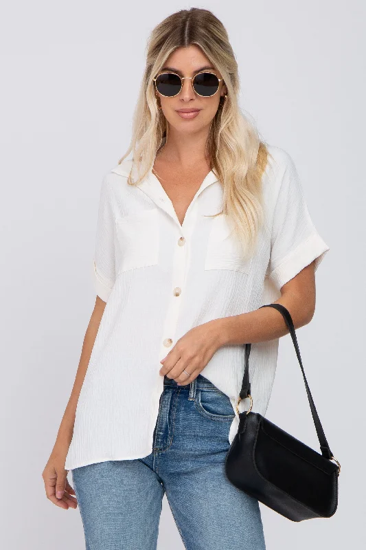 Ivory Collared Button-Down Short Sleeve Blouse Relaxed Fit Blouse