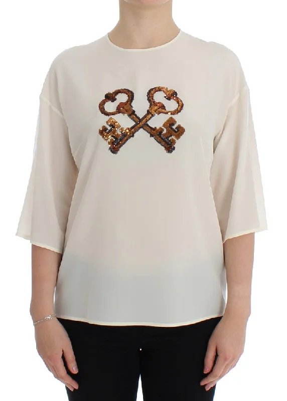 Ivory Sequined Silk Blouse Top Airy Cotton Blouse