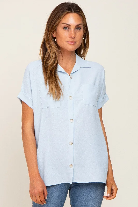 Light Blue Collared Button-Down Short Sleeve Blouse Delicate Pleat Blouse