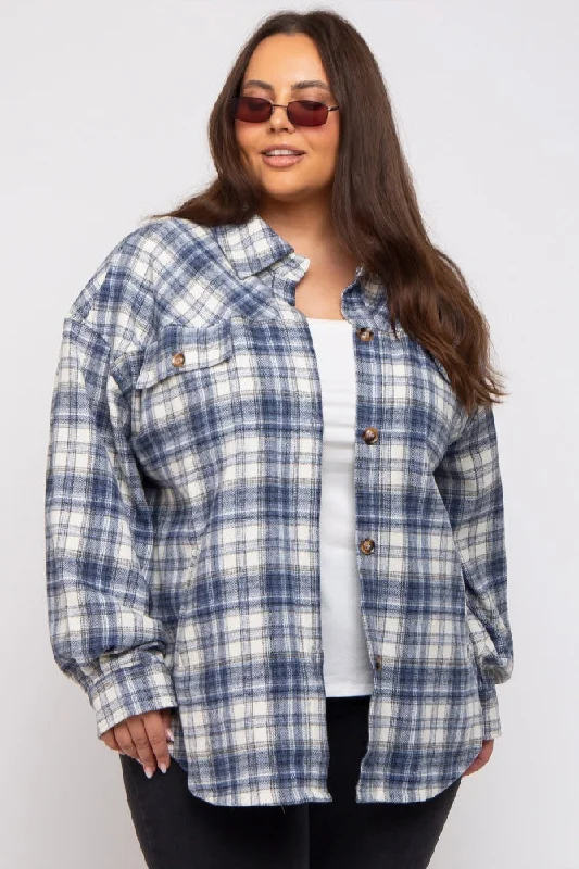 Navy Blue Flannel Plaid Button Up Plus Shacket Puff Sleeve Blouse