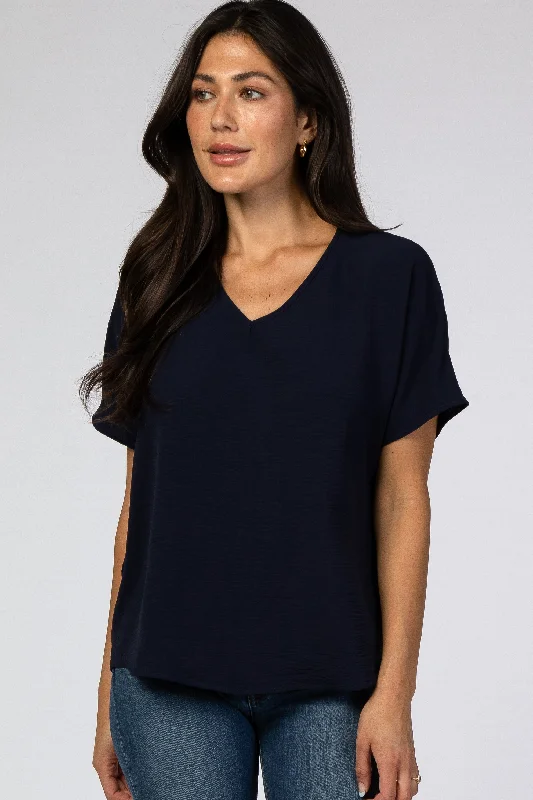 Navy Short Sleeve Blouse Relaxed Fit Blouse