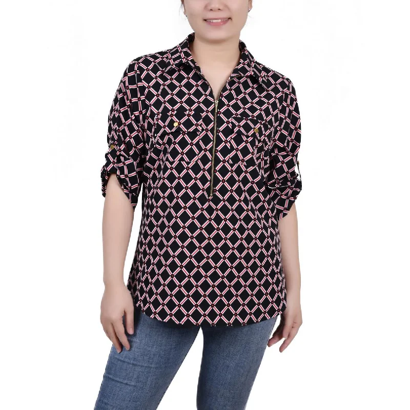 NY Collection Womens Petites Printed Zip Front Blouse Puff Sleeve Blouse