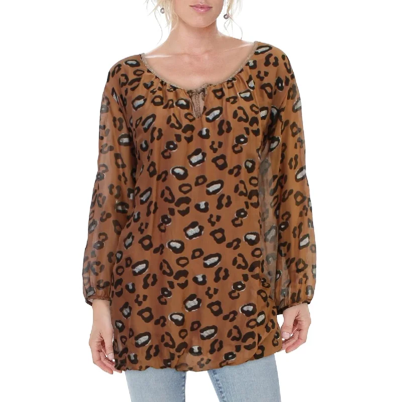 PAPRIKA Womens Leopard Tie Neck Blouse Chic Off-Shoulder Blouse