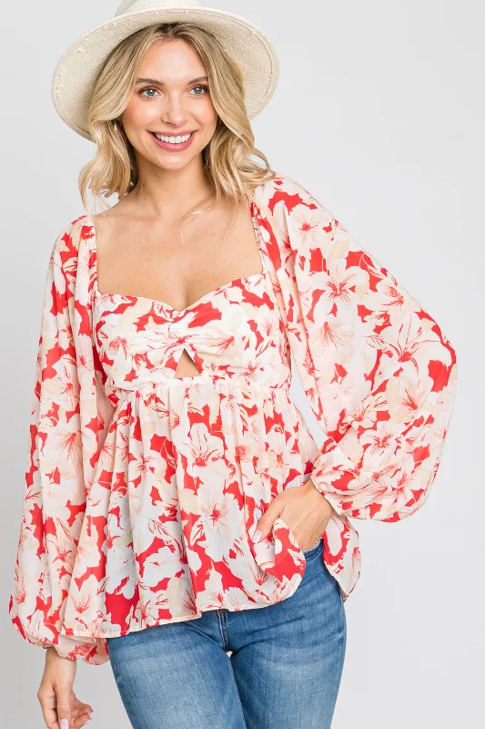 Red Floral Cutout Front Long Sleeve Blouse Elegant Peplum Blouse