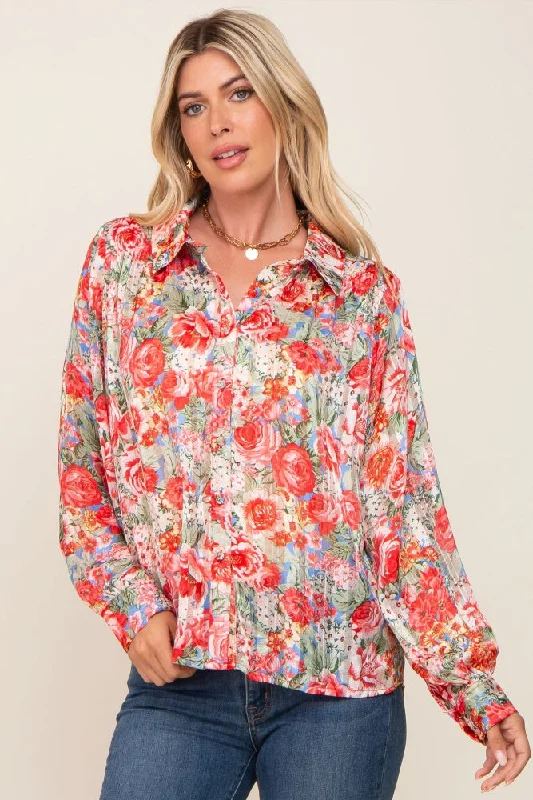 Red Floral Semi Sheer Shimmer Blouse Chic Off-Shoulder Blouse