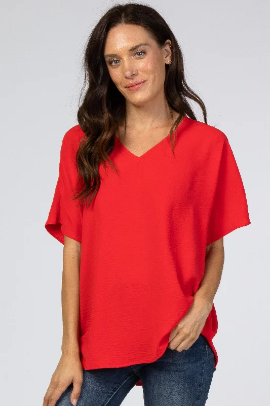 Red Short Sleeve Blouse Slim Fit Blouse