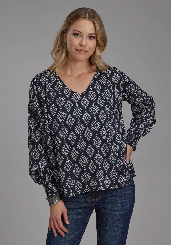 Roper Womens 2133 Ikat Black 100% Rayon V-Neck L/S Blouse Textured Cotton Blouse