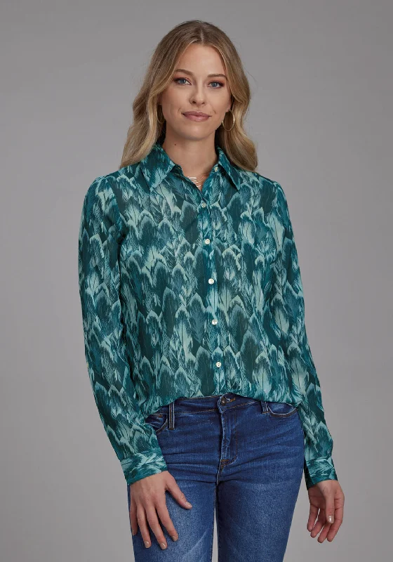 Roper Womens 2135 Feather Teal 100% Polyester L/S Blouse Soft Satin Blouse