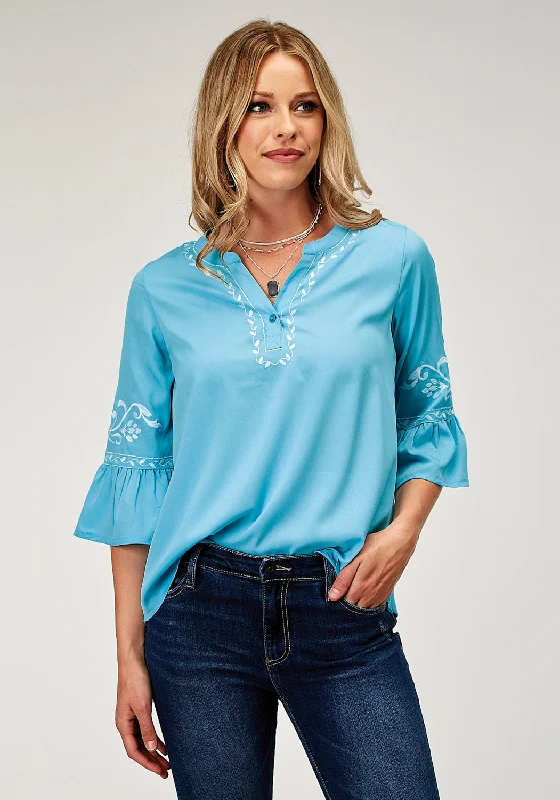 Roper Womens Bell Sleeve Embroidery Blue 100% Polyester S/S Blouse Semi-Sheer Blouse Roper Womens Bell Sleeve Embroidery Blue 100% Polyester S/S Blouse Semi-Sheer Blouse