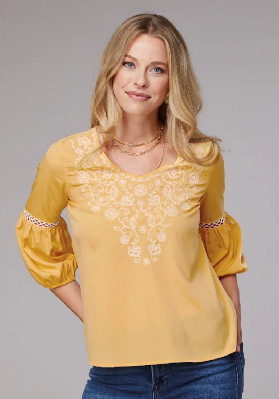 Roper Womens Bishop Sleeve Crepe Yellow 100% Polyester S/S Blouse Feminine Ruffle Blouse Roper Womens Bishop Sleeve Crepe Yellow 100% Polyester S/S Blouse Feminine Ruffle Blouse