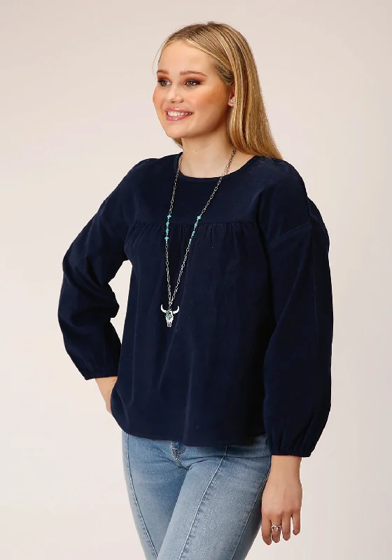 Roper Womens Corduroy Velour Navy 100% Cotton L/S Blouse Embroidered Cotton Blouse