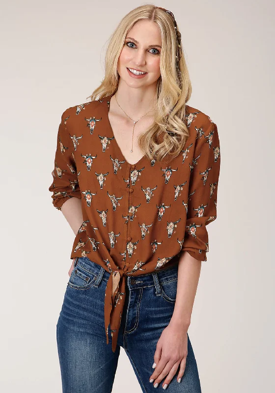 Roper Womens Cow Skulls Brown 100% Rayon L/S Blouse Sleeveless Chiffon Blouse